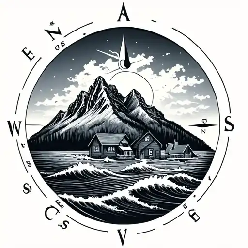 Compass Mountain with cottage scene and waves minimal tattoo design idea
