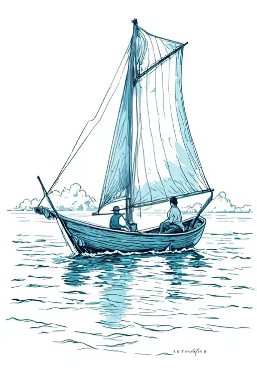 a boat with a kid sitting and a person sailing boat in ocean tattoo design idea