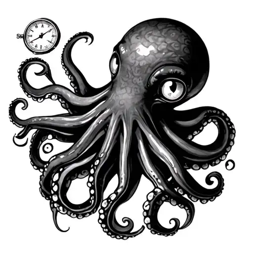 octopus with soft eyes, holding a compass, pocket watch timed at 3:05 and perfectly balanced scales tattoo design idea