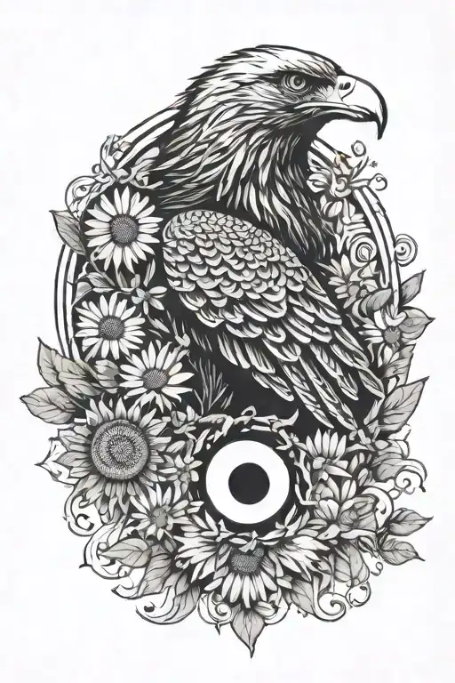 eagle, yin-yang, chamomile tattoo design idea