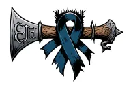 viking axe with broken handle with intials EJH carved into handle with tattered dark blue ribbon for colon cancer death tattoo design idea