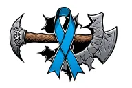 viking axe with broken handle with intials EJH carved into handle with tattered dark blue ribbon for colon cancer death tattoo design idea