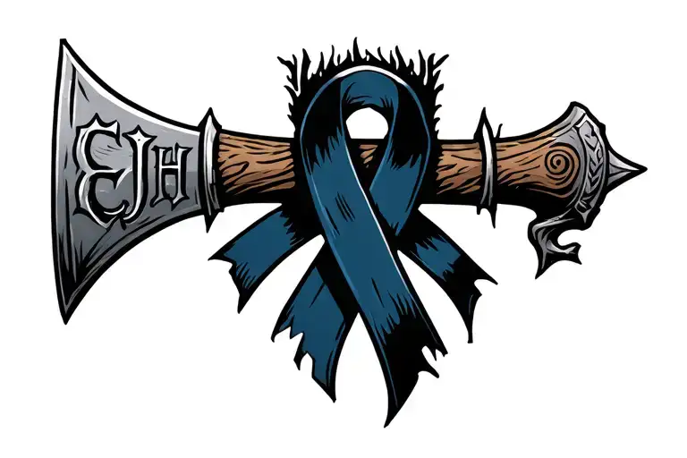 viking axe with broken handle with intials EJH carved into handle with tattered dark blue ribbon for colon cancer death tattoo design idea