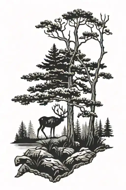 pine tree with elk head half black tattoo design idea