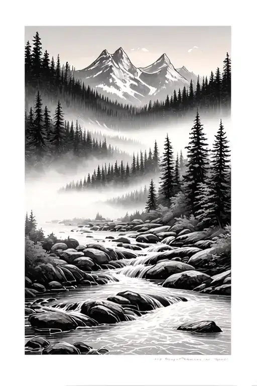 pine Forrest mountains stream flowing tattoo design idea