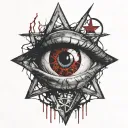 Realistic human eye, satanic pentagram, blood splatter, veins, Satan, Satanic. Metal bloody thorns. tattoo design idea