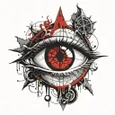 Realistic human eye, satanic pentagram, blood splatter, veins, Satan, Satanic. Metal bloody thorns. tattoo design idea