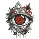 Realistic human eye, satanic pentagram, blood splatter, veins, Satan, Satanic. Metal bloody thorns. tattoo design idea