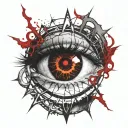 Realistic human eye, satanic pentagram, blood splatter, veins, Satan, Satanic. Metal bloody thorns. tattoo design idea