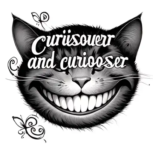 "curiouser and curiouser" in the Alice in Wonderland font, and a Cheshire cat smile which connects both into an oval tattoo design idea