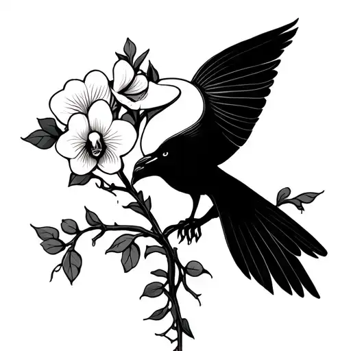 white nun orchid flowers, quetzal bird, vines, tropical tattoo design idea