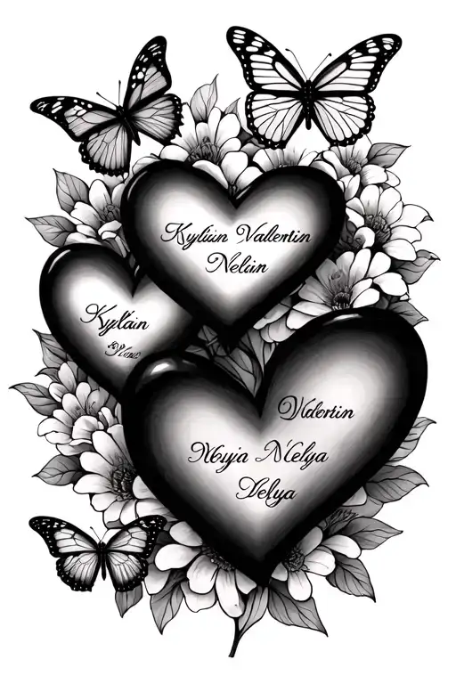 3 hearts with first names "Kylian, Valentin, Nélya" Written with 3 butterflies on the Devans a Flower tattoo design idea