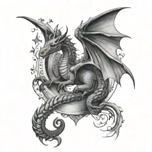 dragon, book, thestral, ribbon, stars tattoo design idea