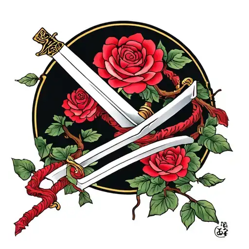 rose vines wrapped sword tattoo design idea