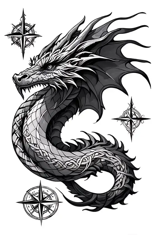 Celtic dragon and Nordic compass tattoo design idea