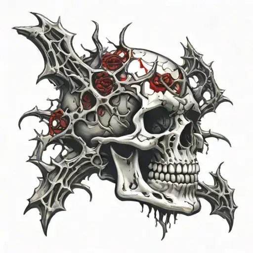 Broken Skull, No Jawbone, black Bloody Thorny diadem, cracked skull, bloody skull, missing bottom teeth, bloody thorns. tattoo design idea