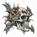 Broken Skull, No Jawbone, black Bloody Thorny diadem, cracked skull, bloody skull, missing bottom teeth, bloody thorns. tattoo design idea