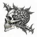 Broken Skull, No Jawbone, black Bloody Thorny diadem, cracked skull, bloody skull, missing bottom teeth, bloody thorns. tattoo design idea