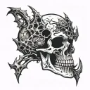 Broken Skull, No Jawbone, black Bloody Thorny diadem, cracked skull, bloody skull, missing bottom teeth, bloody thorns. tattoo design idea
