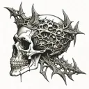 Broken Skull, No Jawbone, black Bloody Thorny diadem, cracked skull, bloody skull, missing bottom teeth, bloody thorns. tattoo design idea