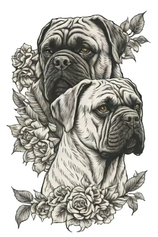 A Cane Corso dog and a Pekingese dog, memorial portrait, surrounded by flowers tattoo design idea