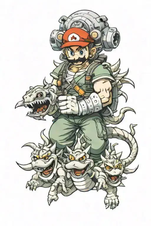 Mario, Luigi, Bowser, Full metal alchemist, Dragon Ball Z, Naruto, Link in a battle royale  tattoo design idea