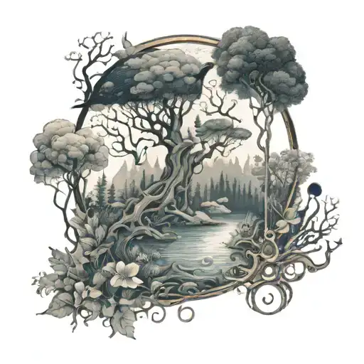 A mystical forest scene with a hidden underwater world beneath, symbolizing the client's love for both the sea and forests tattoo design idea
