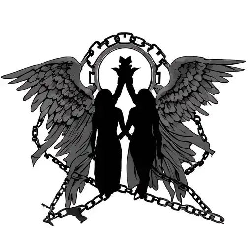 shadow figures with broken chain and angels tattoo design idea
