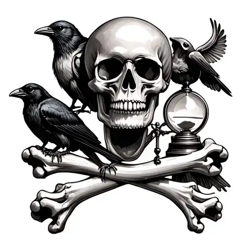 A skull without the inner jaw placed on two crossed femurs with an 18th century hourglass, a crow and a rat tattoo design idea