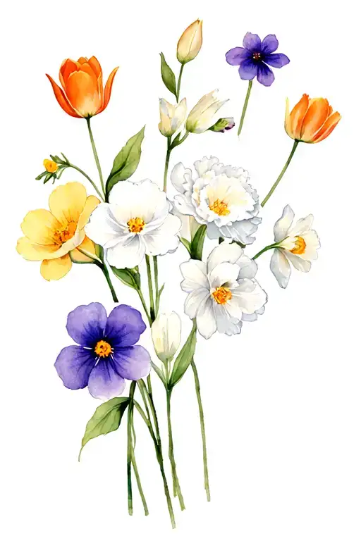 a floral mosaic of white carnations, violets, white daffodils, yellow tulips and orange cosmos tattoo design idea