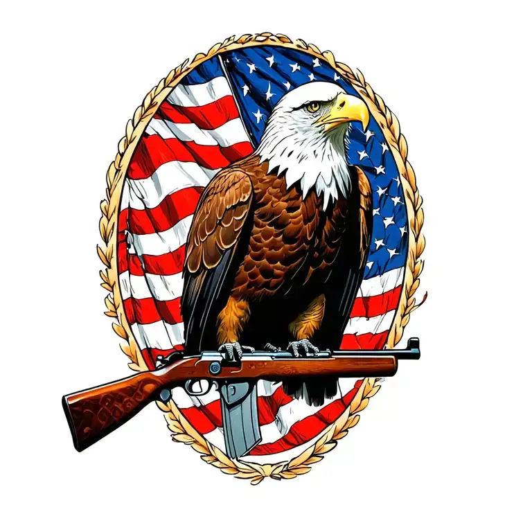 A patriotic bald eagle perched on a rifle with an American flag in the background tattoo design idea
