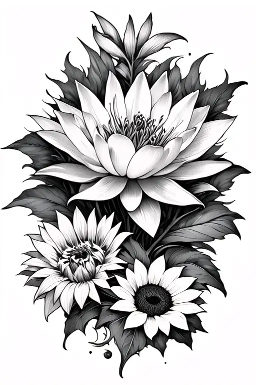 lotus flower leading down to a tiger lily and sunflower then lady slipper flower  tattoo design idea