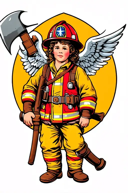 firefighter cherub holding axe tattoo design idea