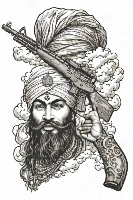sikh bhindwarala ak47 near clouds tattoo design idea