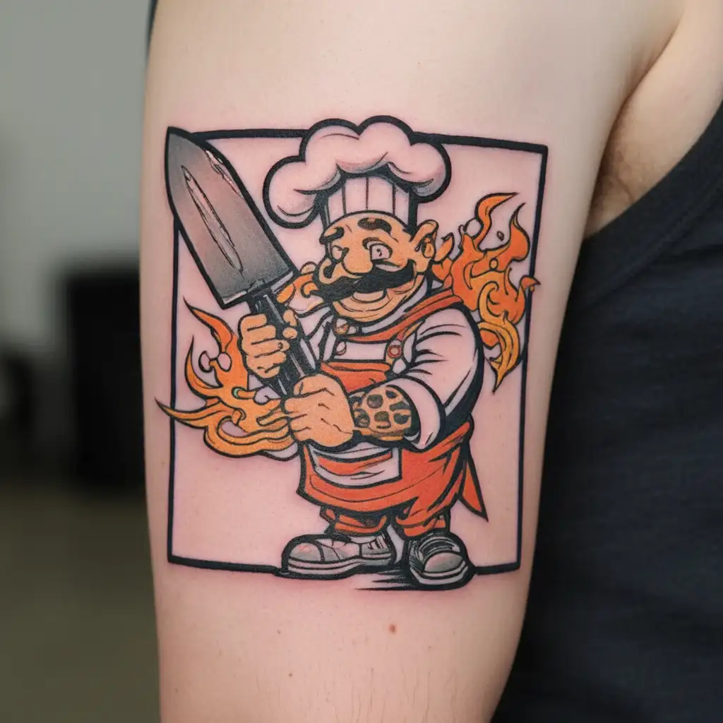 chef knife and fire tattoo design idea