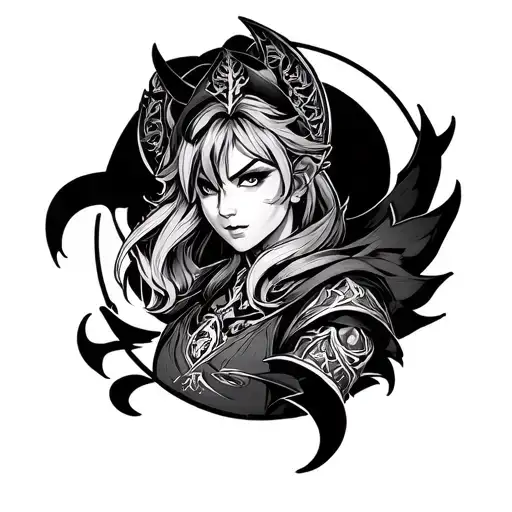 A highly detailed black and white full sleeve tattoo design for the right arm, inspired by Yu-Gi-Oh!. tattoo design idea