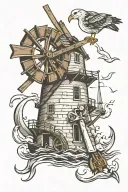 old small windmill seagull carrying anchor tattoo design idea