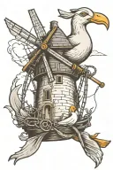 old small windmill seagull carrying anchor tattoo design idea