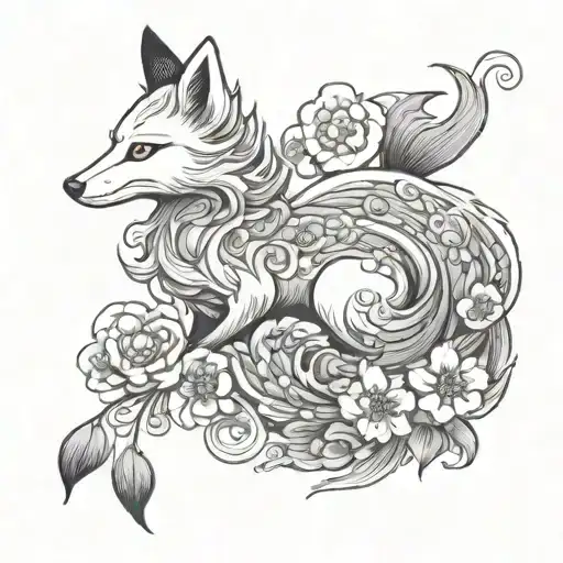 Nine Tailed Fox flying in Flowers tattoo design idea
