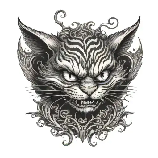 The Cheshire cat, who is whispered in the ears of an angel and a demon tattoo design idea