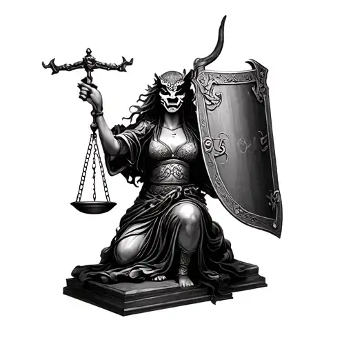 lady justice with full body is wearing  Hannya Mask Demon Oni Samurai Half Face Shield. Only one hand holding up a scale tattoo design idea