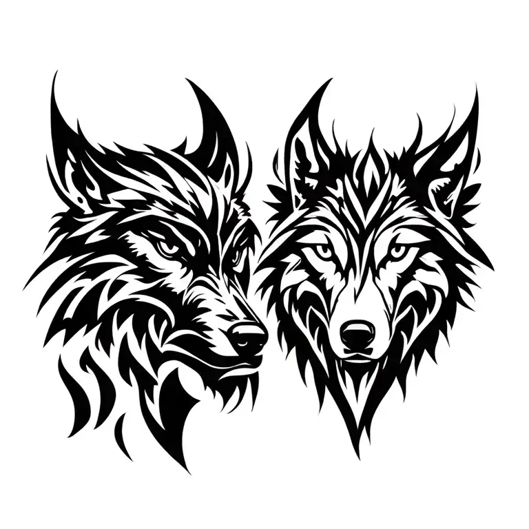 Raven and wolf face tattoo design idea