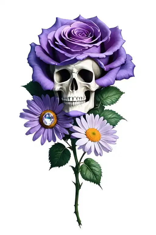 death, life, rose, violet, daisy, moonstone tattoo design idea