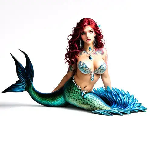 sultry full body mermaid, sexy eyes, glistening jewels, cleavage tattoo design idea