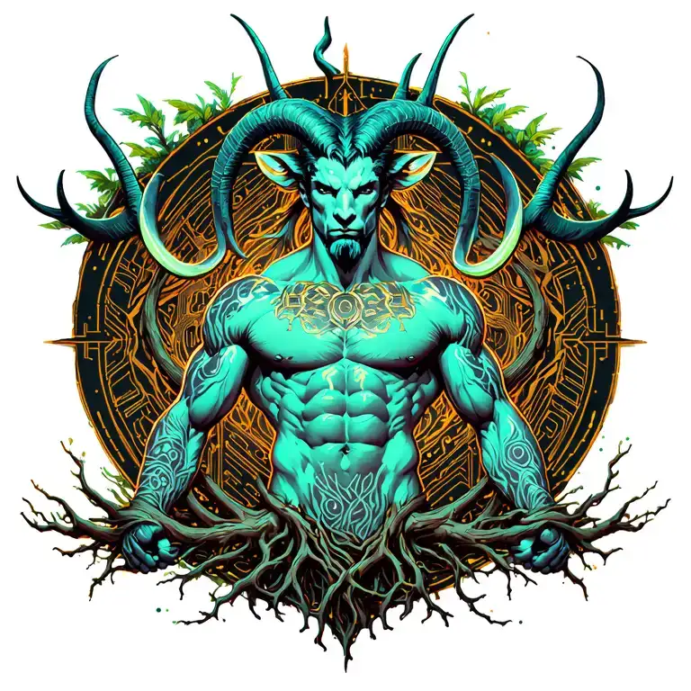 Gay male horned satyr with massive bodybuilder muscles. Background of natural tree roots, vines and patterns tattoo design idea
