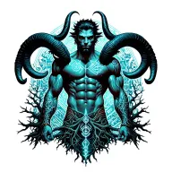 Gay male horned satyr with massive bodybuilder muscles. Background of natural tree roots, vines and patterns tattoo design idea