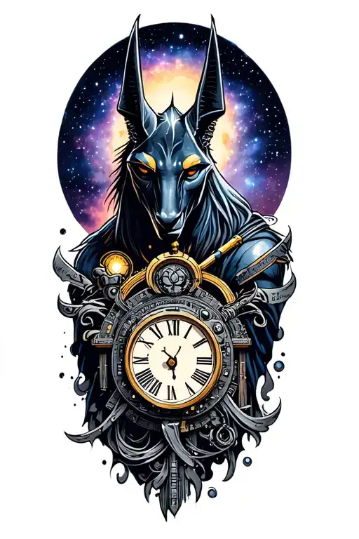 Galaxy Landscape With Technology Tattoo Featuring God anubis and clock tattoo design idea
