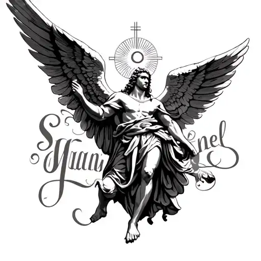 saint michael archangel with San Miguel in cursive tattoo design idea