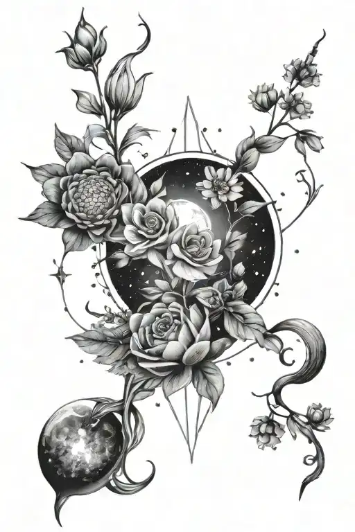 spine tattoo with moon phases, wildflowers and constellations tattoo design idea
