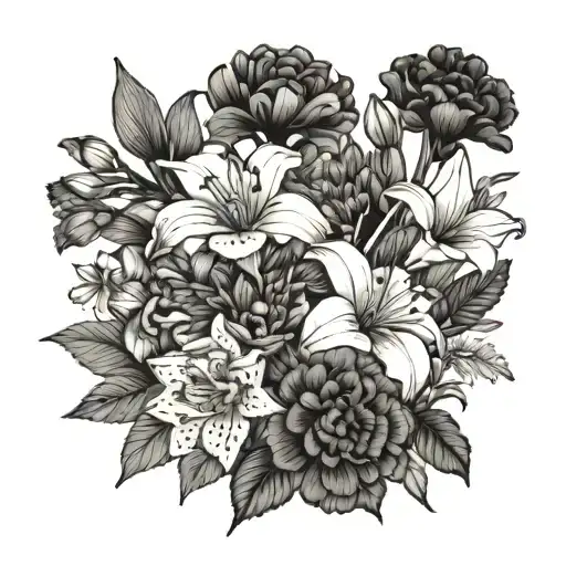 A fine line black bouquet of flowers with one of each flower, violet, marigold, chrysanthemum, gladiolus, lily of the va tattoo design idea